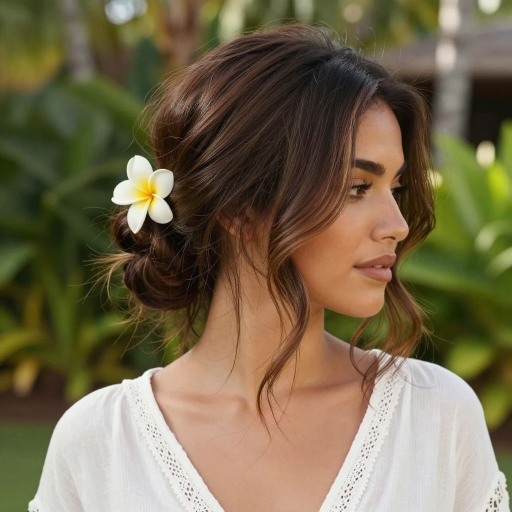Messy Low Bun with Plumeria Pin