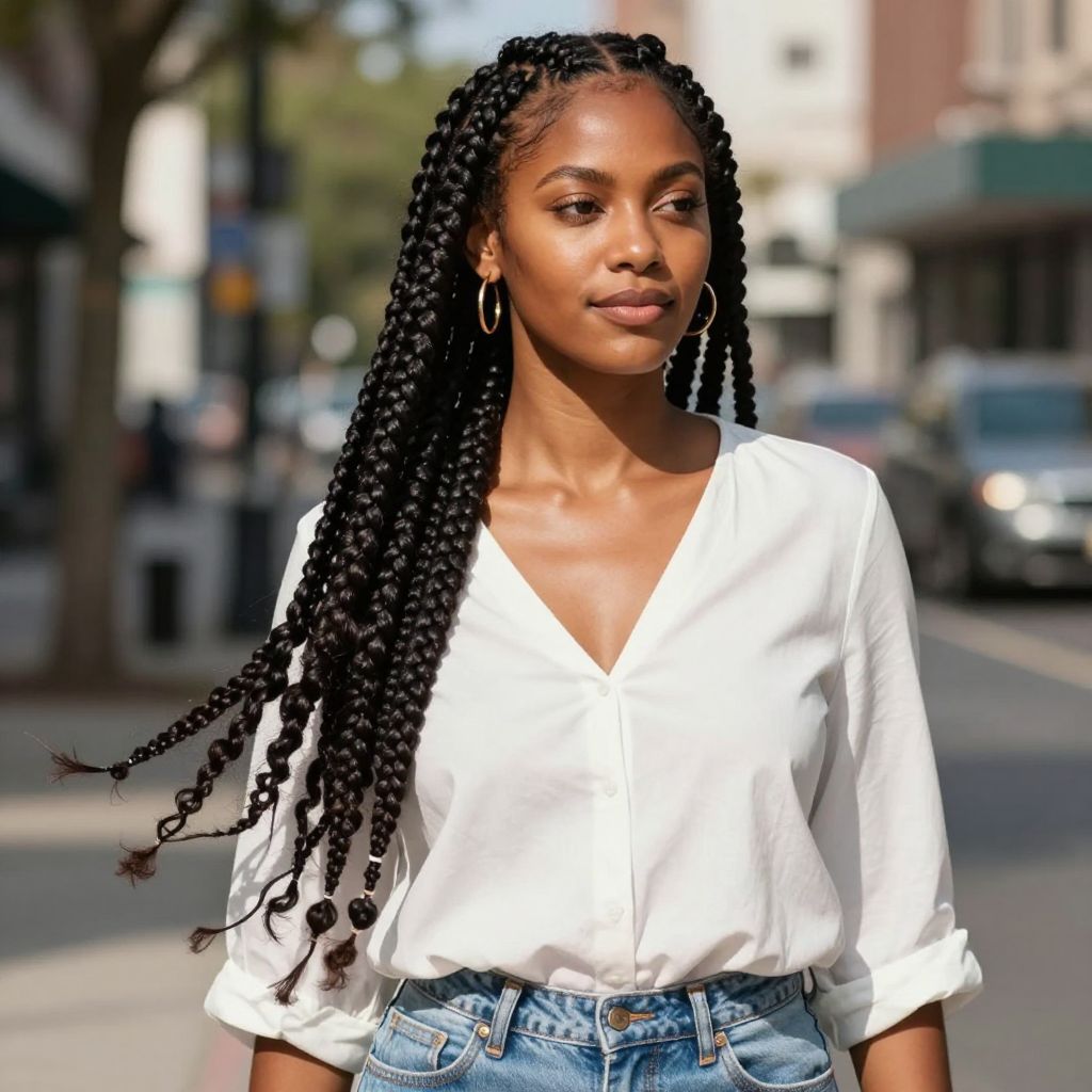 Jumbo Box Braids with Side Swept Ponytail