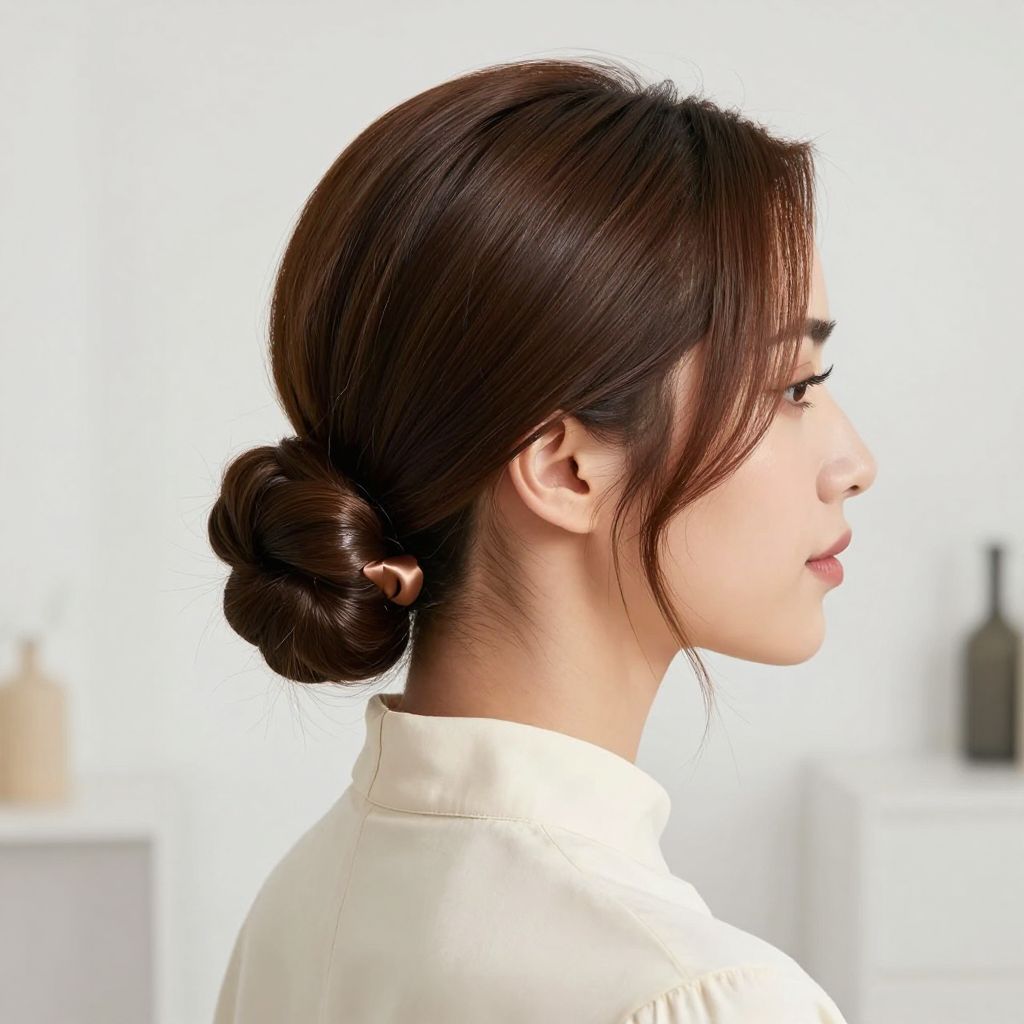Sleek Low Bun with Middle Part and Ribbon Tie