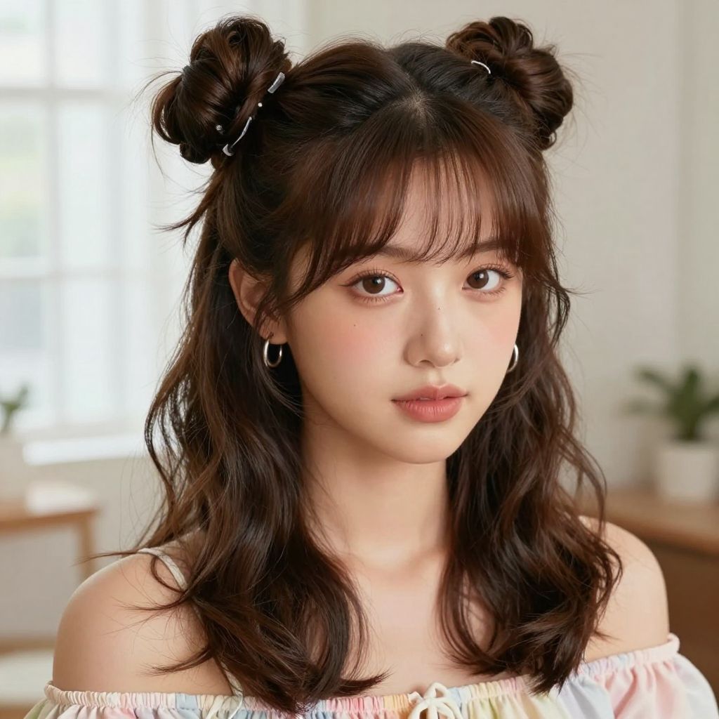 Double Buns with Face-Framing Tendrils
