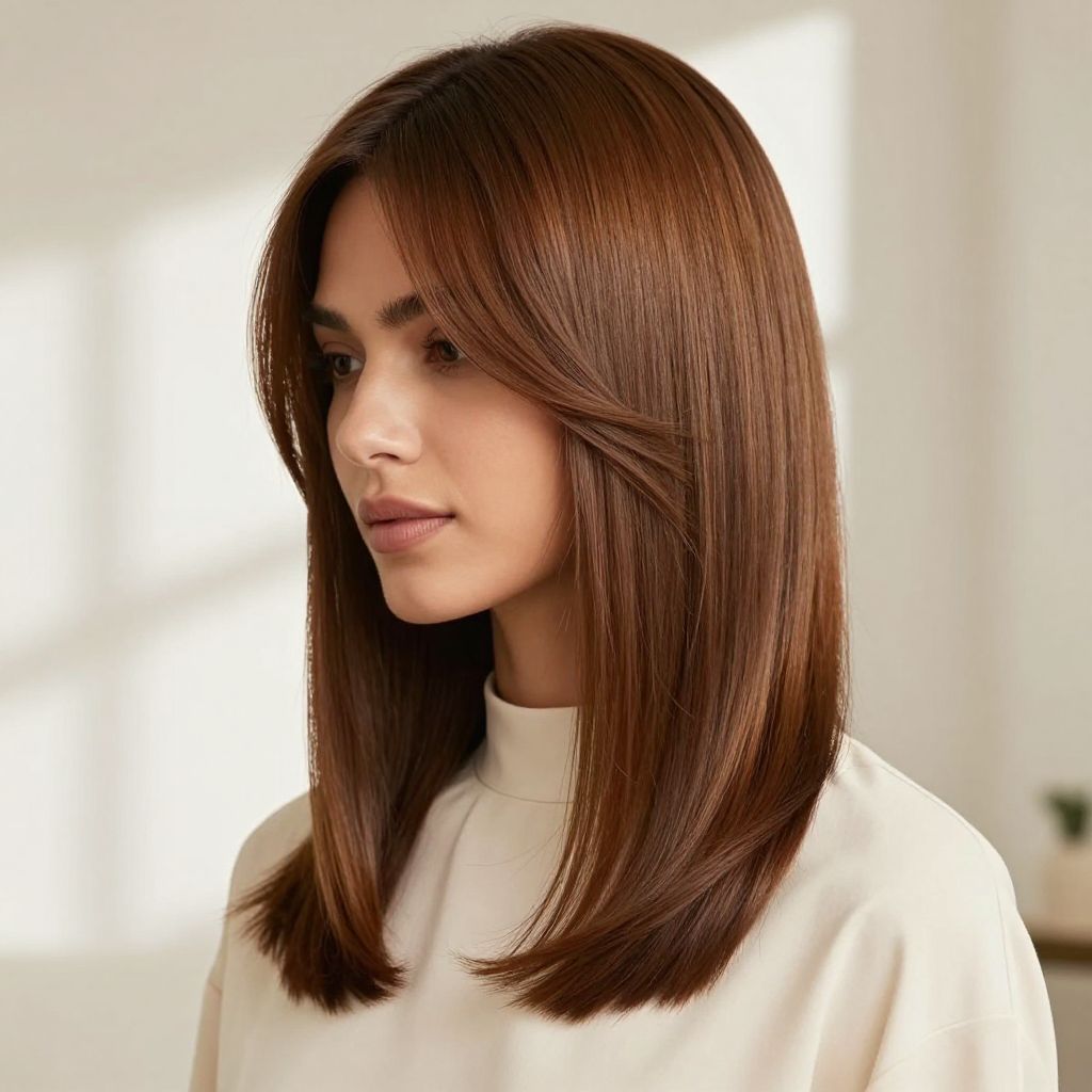 Long Straight Hair with Side-Swept Bangs and Subtle Layers