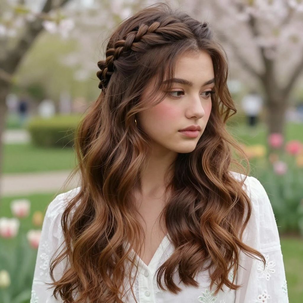 Half-Up Braided Crown with Loose Waves