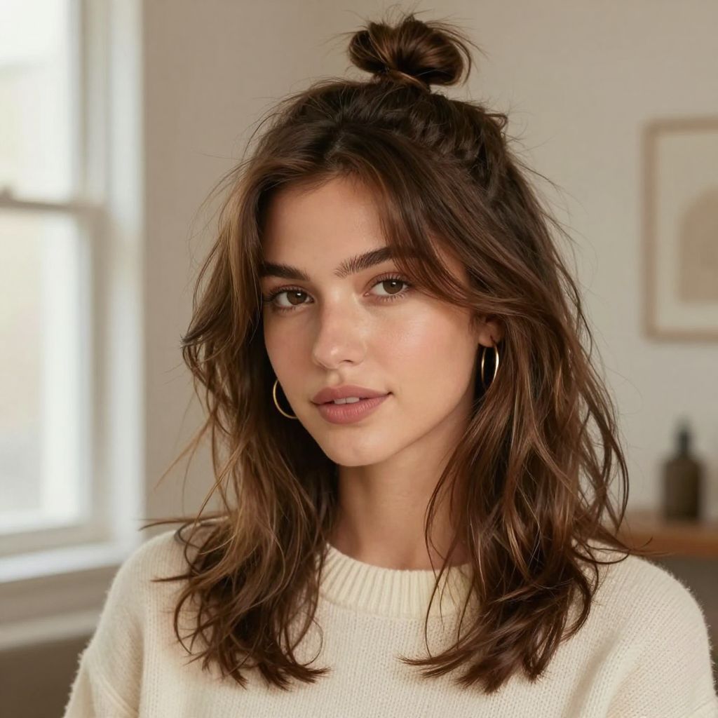 Messy Top Knot with Soft Face-Framing Layers