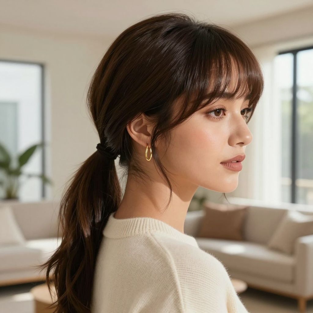 Low Ponytail with Curtain Bangs