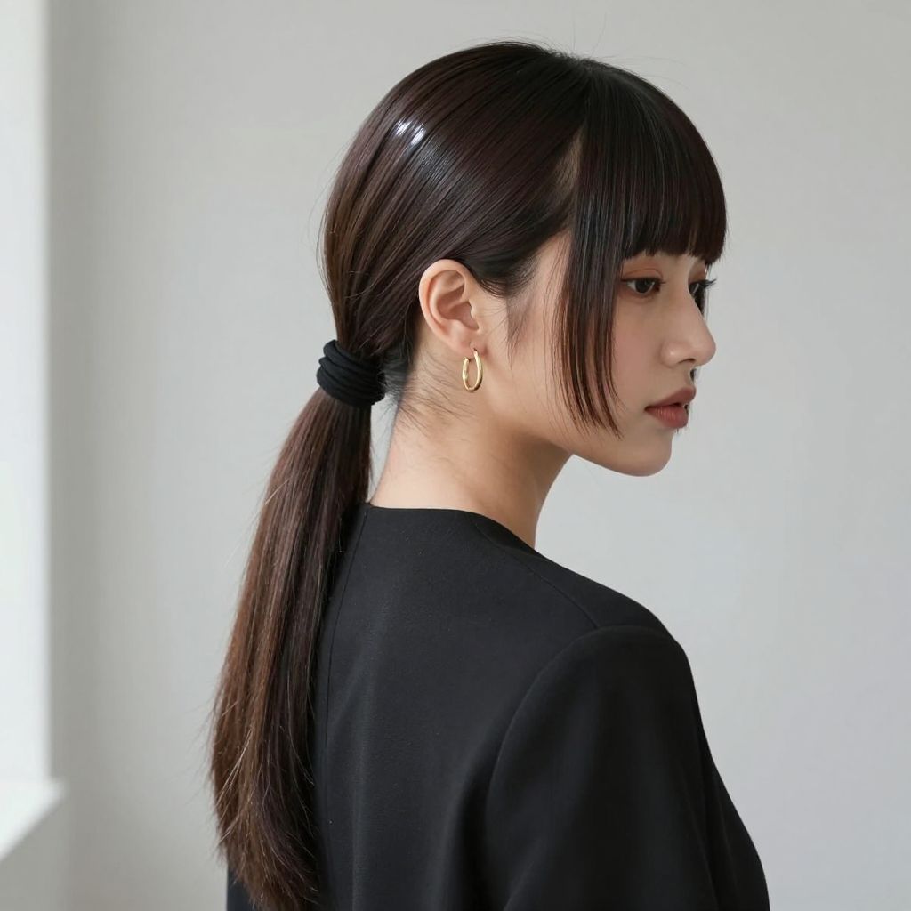 Low Ponytail with Sleek Middle Part and Blunt Bangs
