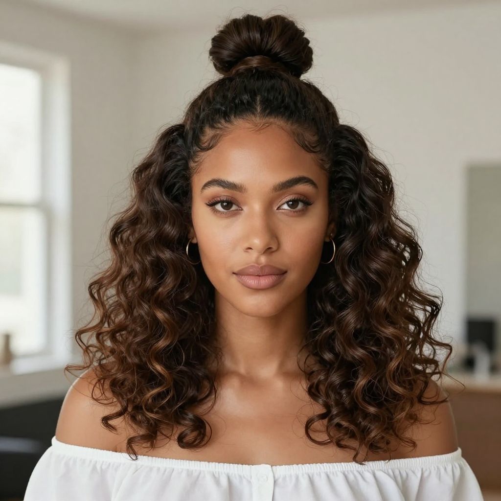 Voluminous Curls with a Sleek Half Top Knot