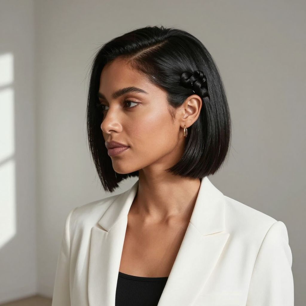Angular Bob with Half Up Side-Swept French Twist