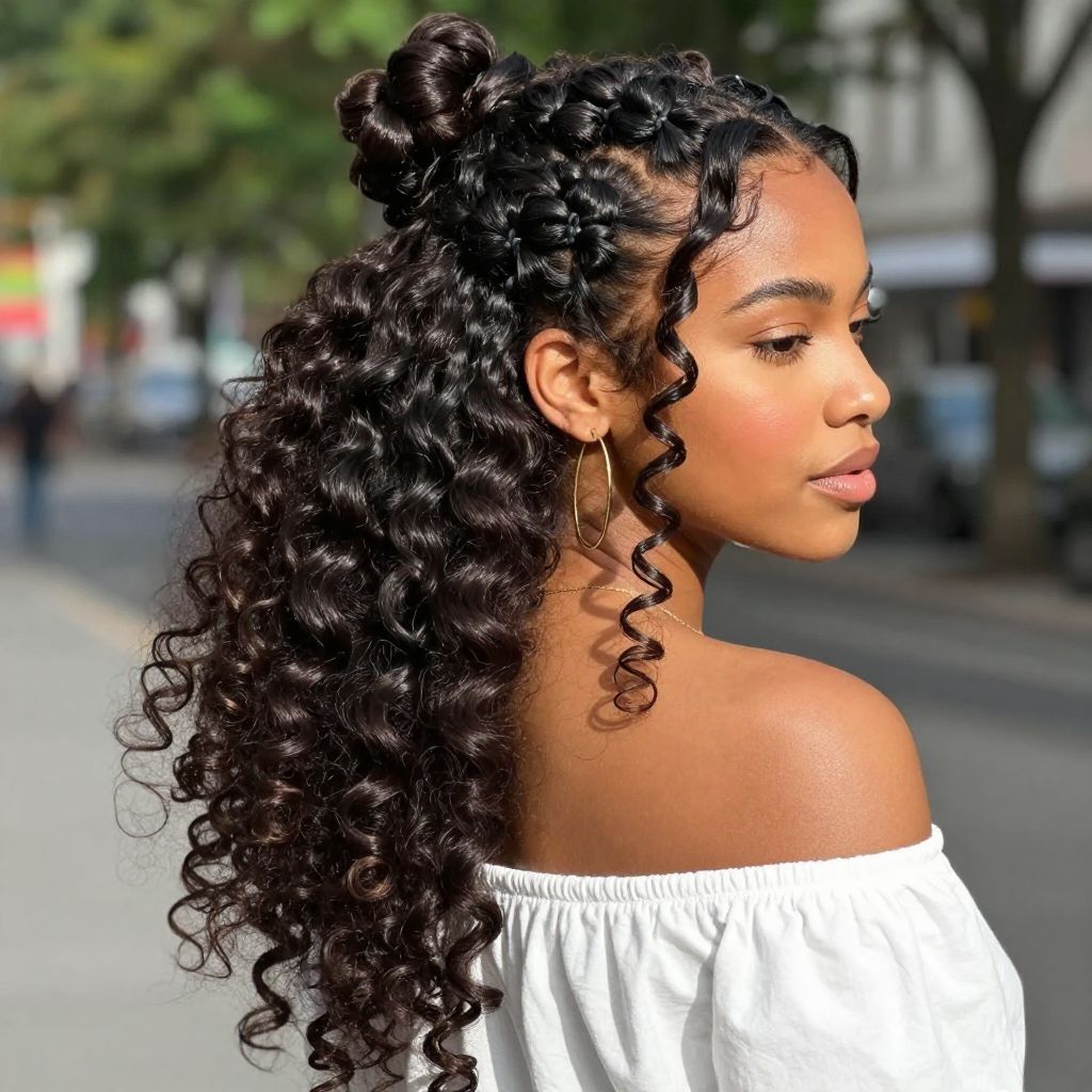 Half Up Bubble Ponytail with Loose Curly Ends
