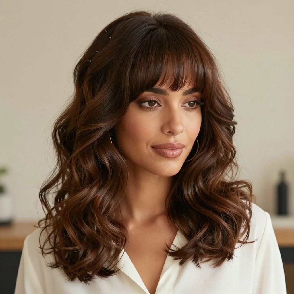 Half Up Soft Curls with Blunt Fringe