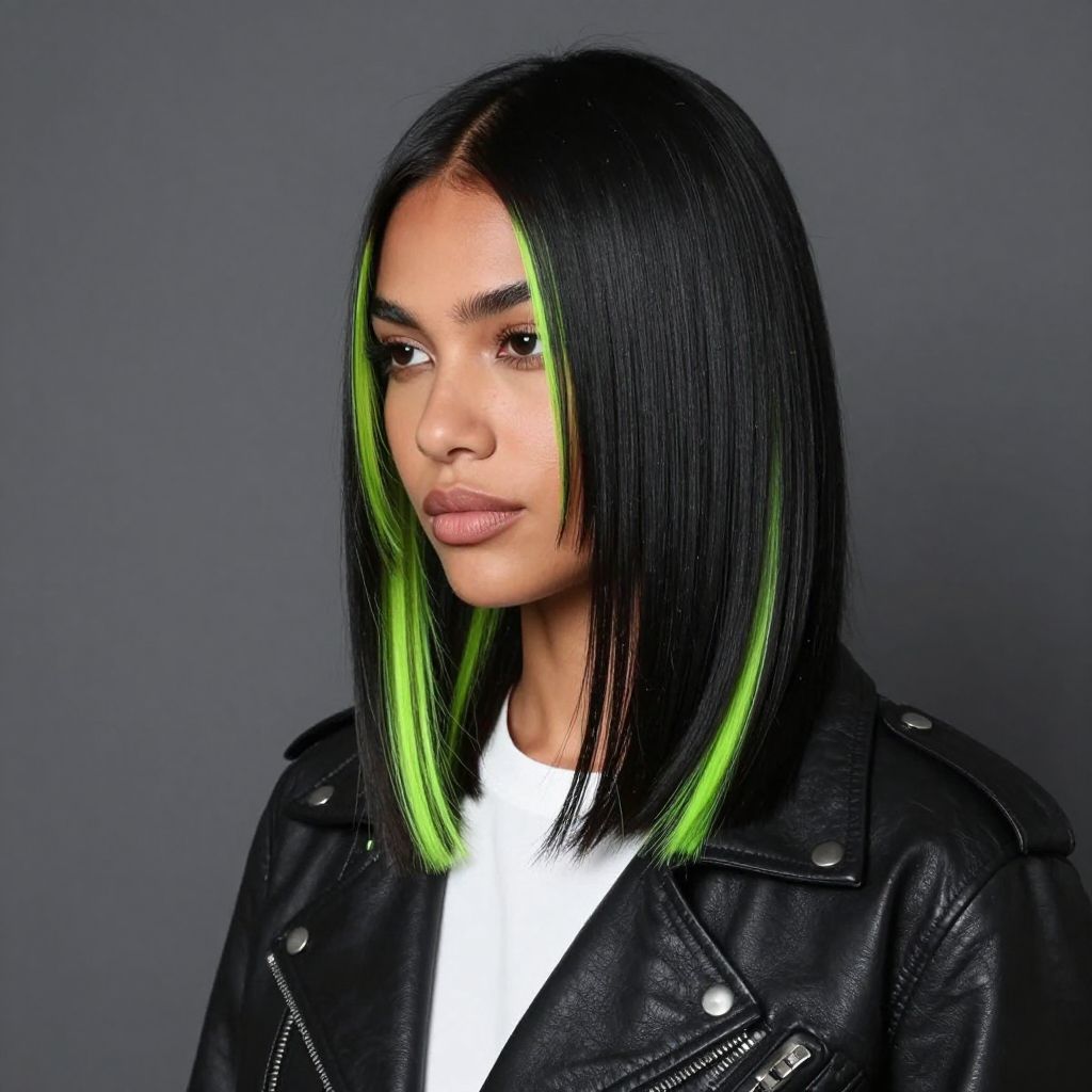 Sleek Black Hair with Neon Green Underlights