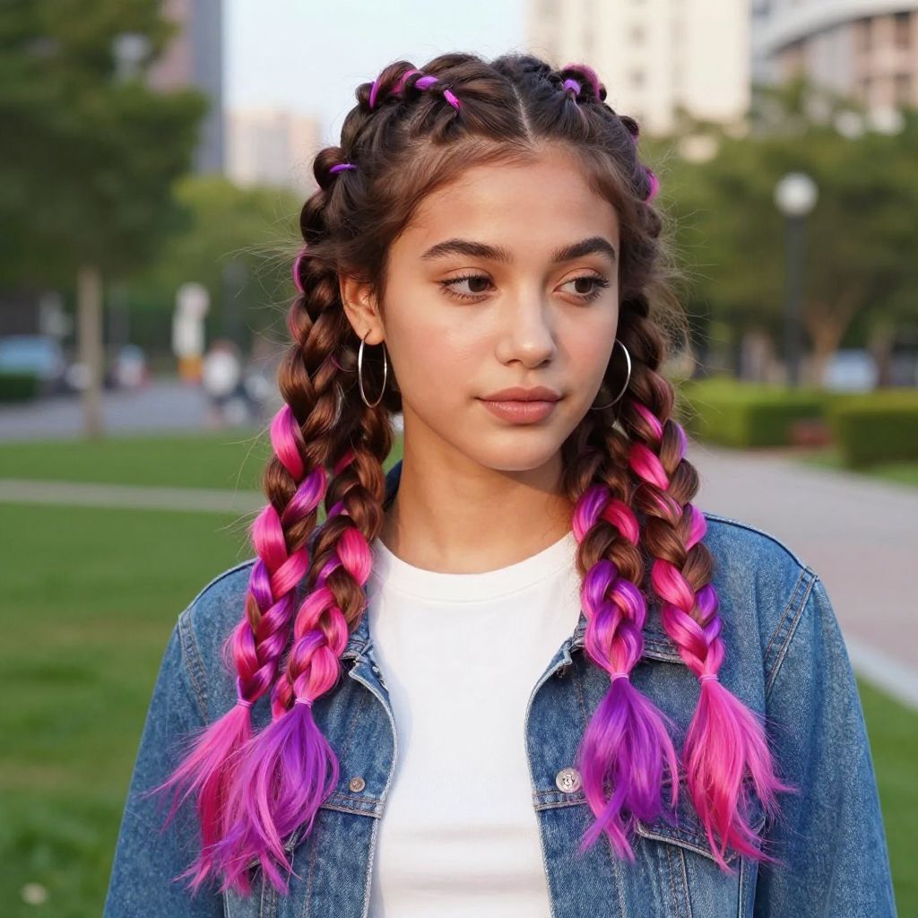 Playful Bubble Braids with Colored Tips