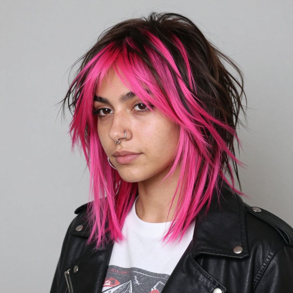 Choppy Medium Cut with Face Framing Neon Streaks