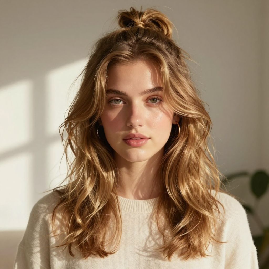 Messy Half Up Top Knot with Underlayer Waves