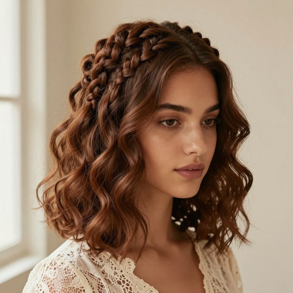 Half Up Crown Braids with Loose Textured Curls