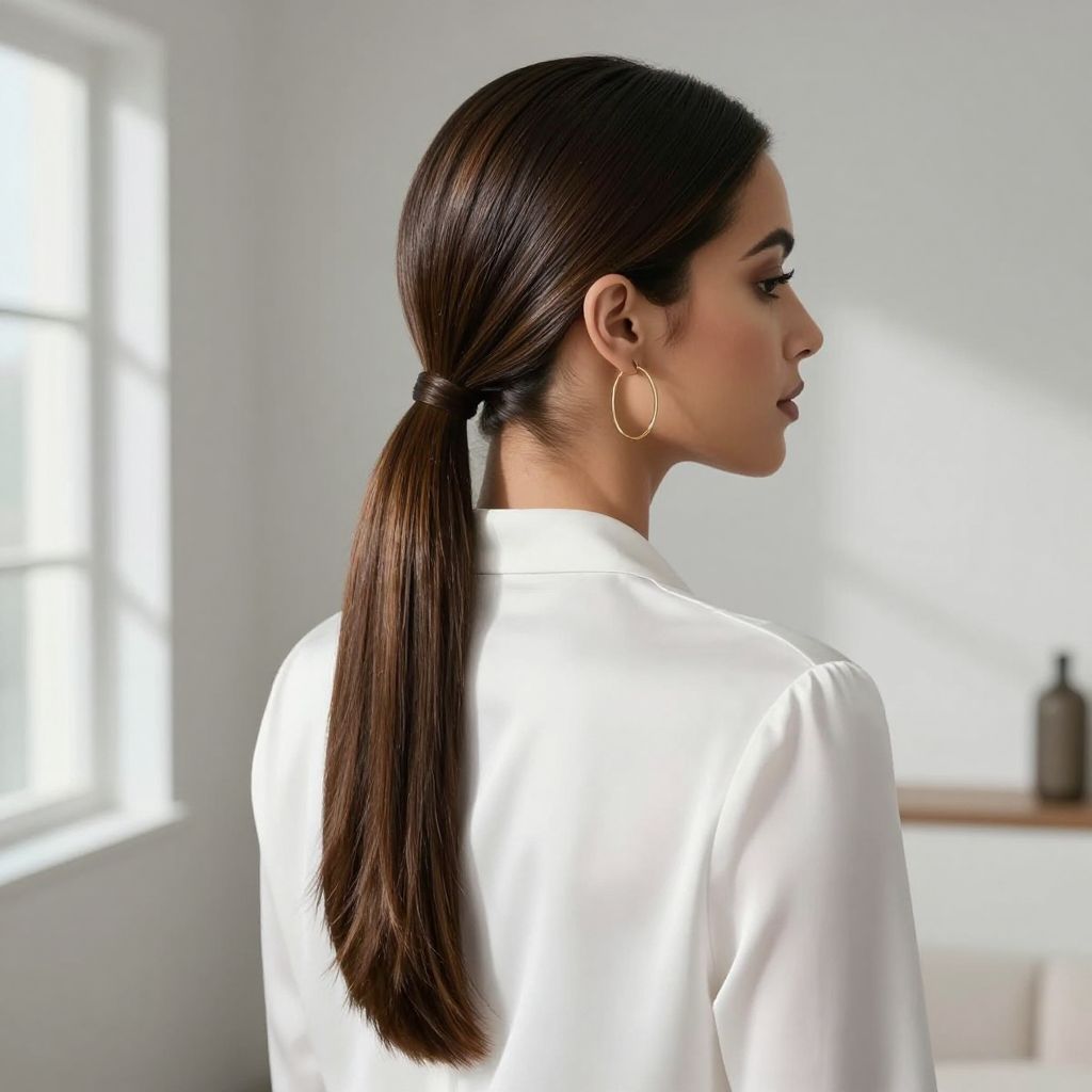 Sleek Low Ponytail with Center Part and Highlights