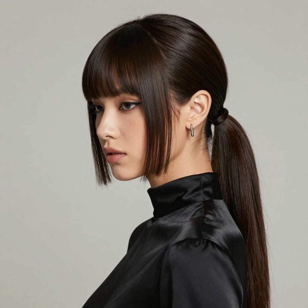 Vintage-Inspired Sleek Ponytail with Blunt Bangs