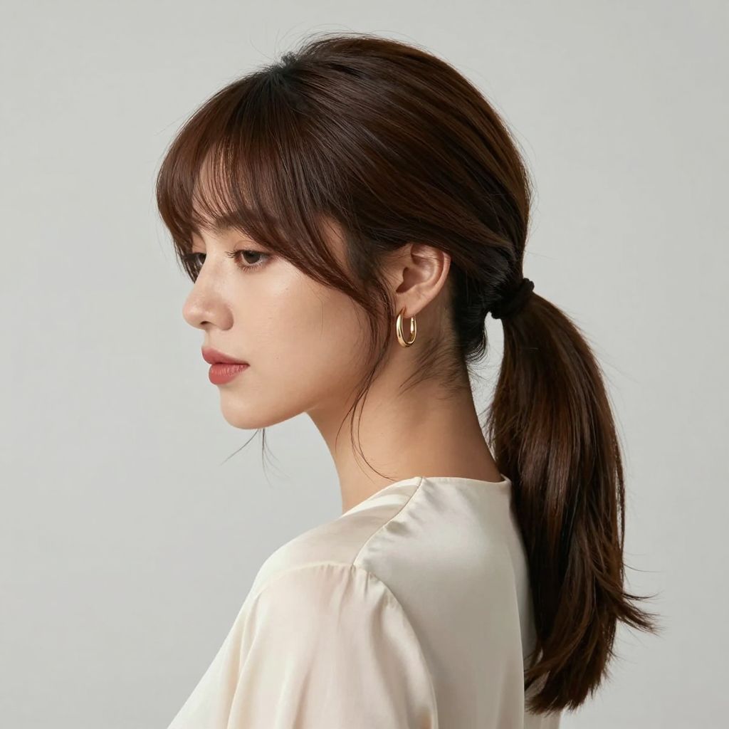 Sleek Ponytail with Curtain Bangs