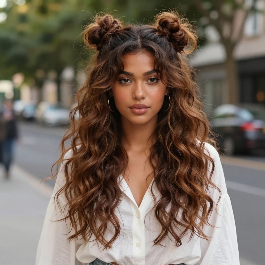Messy Space Buns with Face-Framing Strands