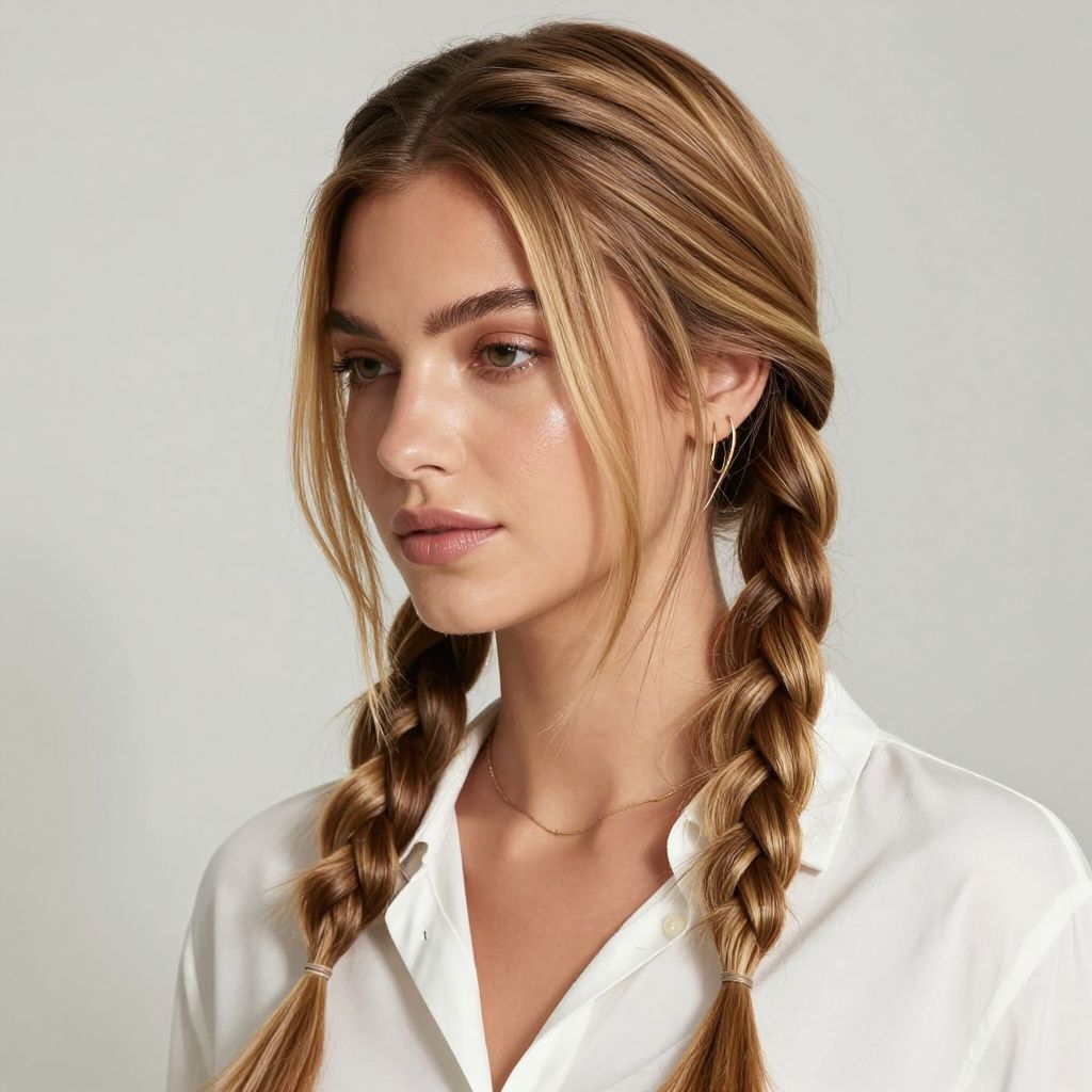 Two Braids with a Center Part and Subtle Highlights