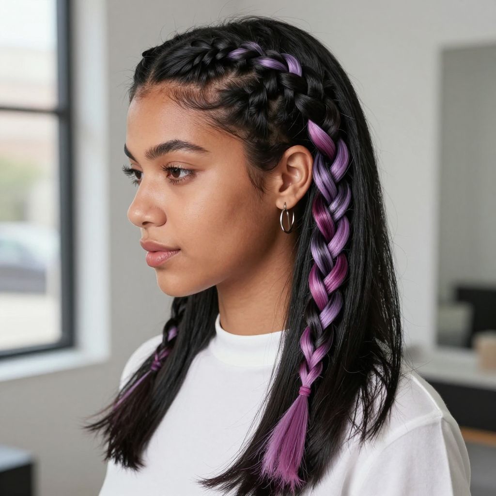 Two French Braids with Side Dye Highlights