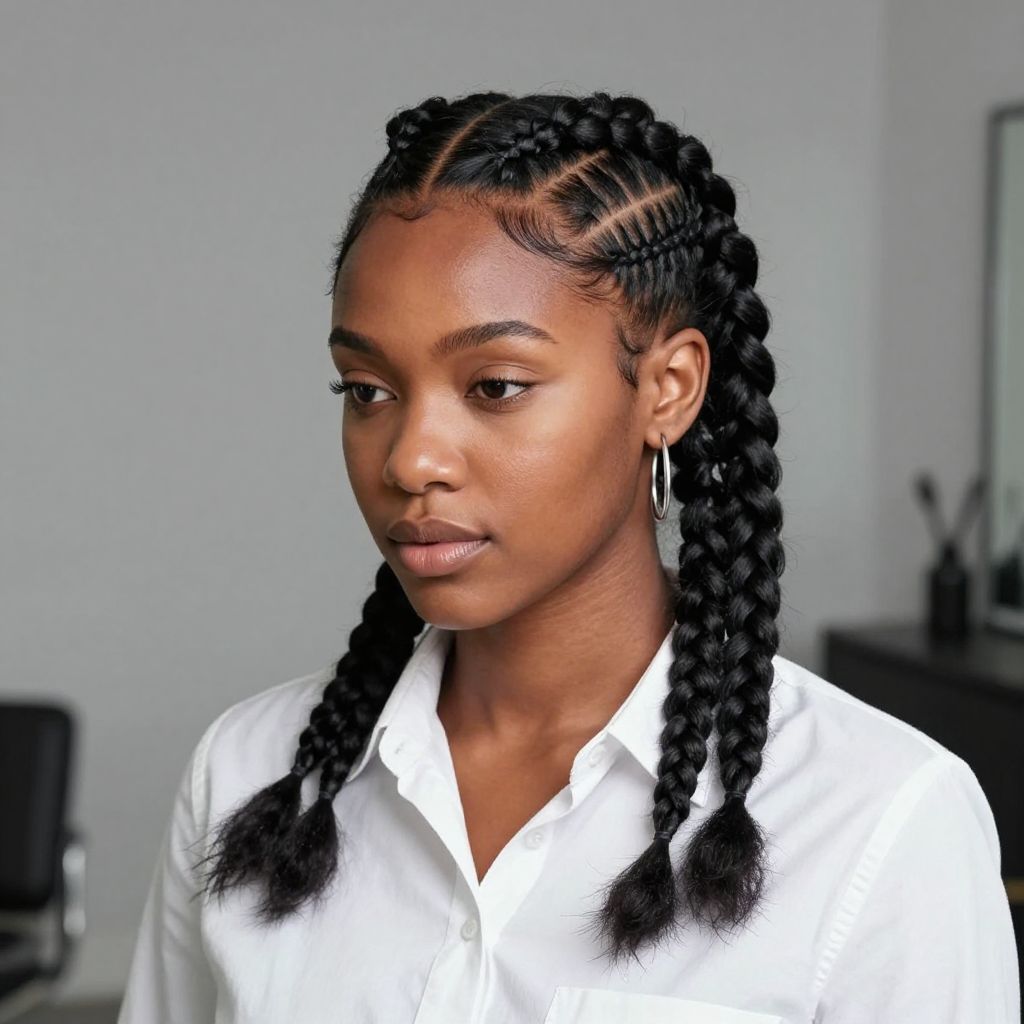 Two French Braids with a Middle Part Fade