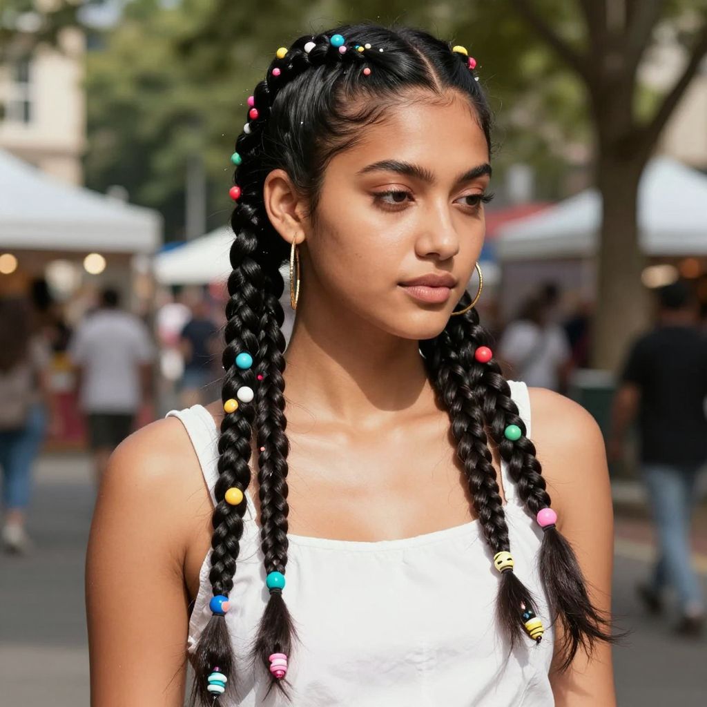 Two French Braids with Colorful Beads